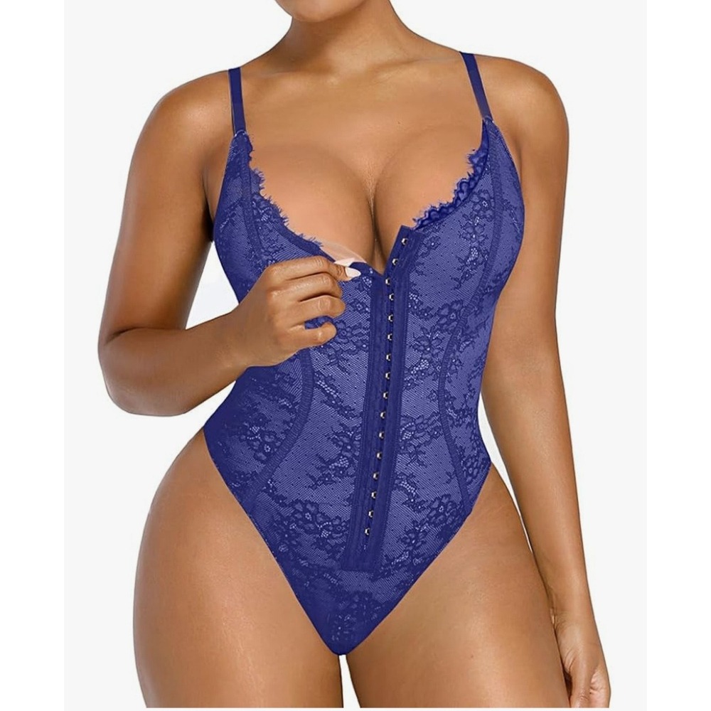 Shapellx Blue Floral Lace Bodysuit Front Hook Eye Closure‎ Shapewear Lingerie